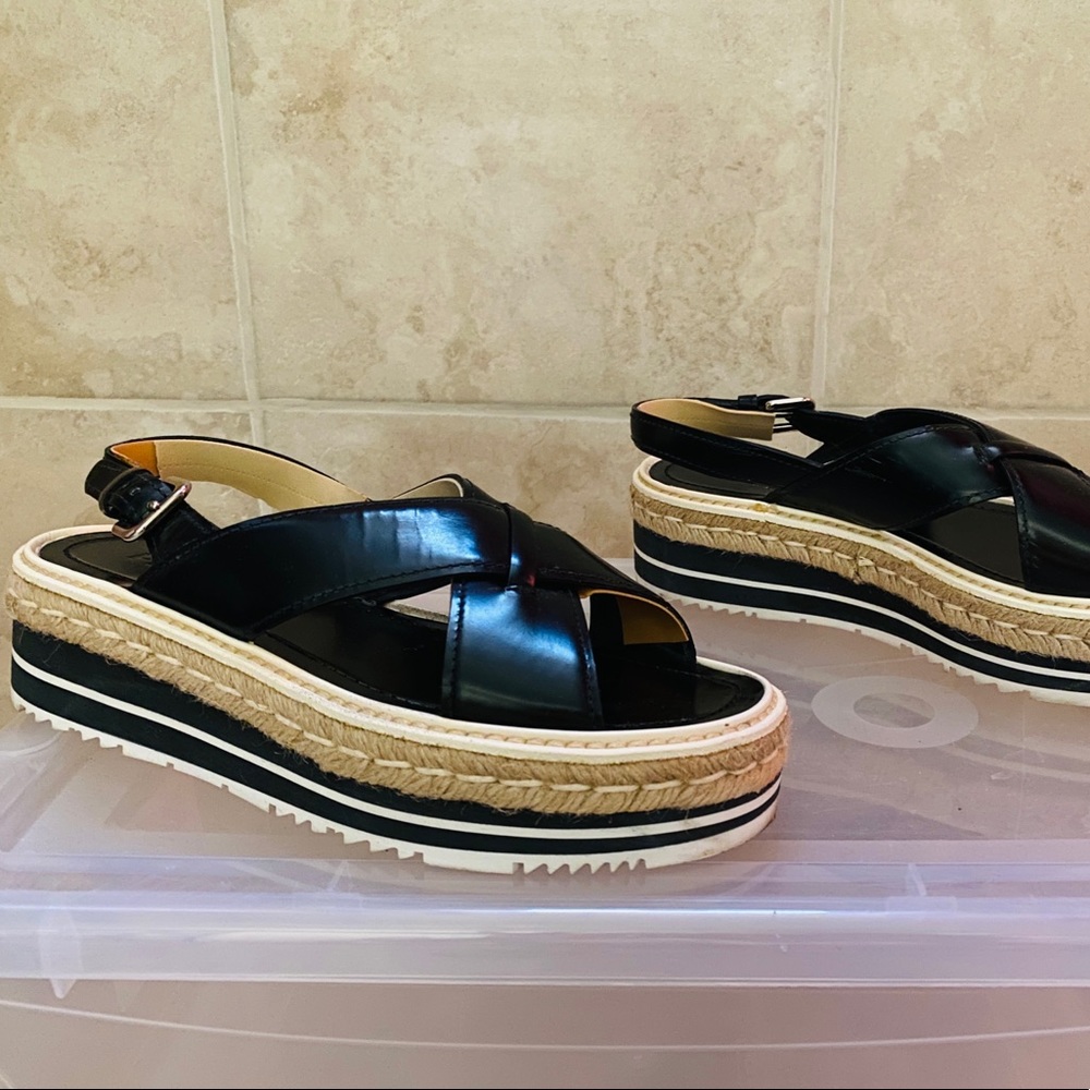 BLACK LEATHER SLINGBACK PLATFORM ESPADRILLES